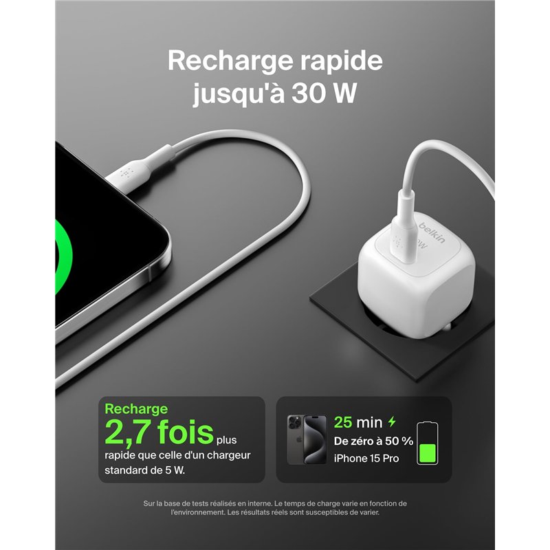 Image secondaire de Belkin BoostCharge Chargeur Secteur 30 W (Compact et Portable, USB-C Power Delivery, pour Tous modèles de l'iPhone 16, 15, 14, 1