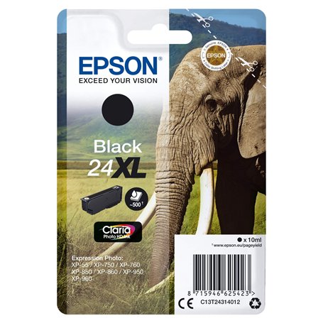 Epson 24XL Eléphant Noir, Cartouche d'encre d'origine XL Haute capacité, XP-55 XP-750 XP-760 XP-850 XP-860 XP-950 XP-960 XP-970