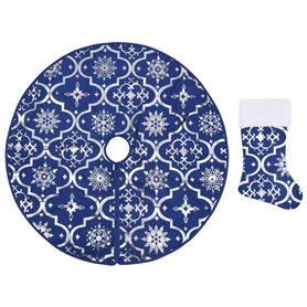 vidaXL Tapis de Sapin de Noël de Luxe avec Chaussette - Décoration de Noël - Bleu - 122 cm