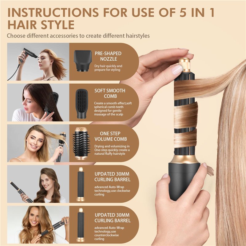 Image secondaire de Aofesel 6-en-1 Air Styler & Sèche-cheveux, Boucleurs Auto-Wrap, Brosse Thermique Brushing avec 5 Accessoires, Brosse Soufflante