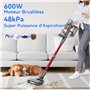 VSTOKY V15 Pro Max Aspirateur Balai sans Fil, 600W/48Kpa/70Mins Aspirateur sans Fil Puissant avec Écran LED, Design à Double Bac
