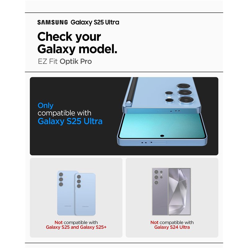 Image secondaire de Spigen Glas.tR EZ Fit Optik Pro Protection Caméra pour Samsung Galaxy S25 Ultra, Noir, 2 Pièces, Installation Facile, Protection