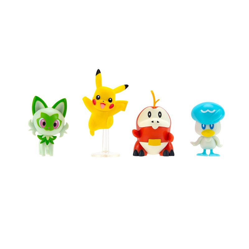 Pokémon PKW3402 Lot de 4 Figurines de Combat avec Pikachu, crocule, Kwaks, Felori, Figurines Officielles détaillées, 5 cm chacun