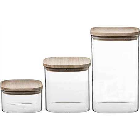 Five - Lot de 3 Bocaux empilables en Verre avec Couvercle en Bois