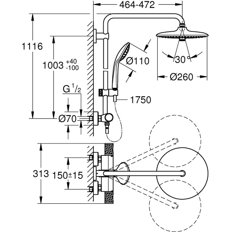Image secondaire de GROHE 27 296 003 EUPHORIA SYSTEM 260 Grifo Termostático Gran Ducha Cromo