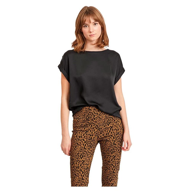 Vila Viellette S/S Satin Top/Su-Noos T-Shirt, Noir, 34 Femme