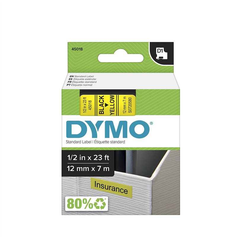 Dymo D1 Ruban 12 mm x 7 m noir sur jaune 45018