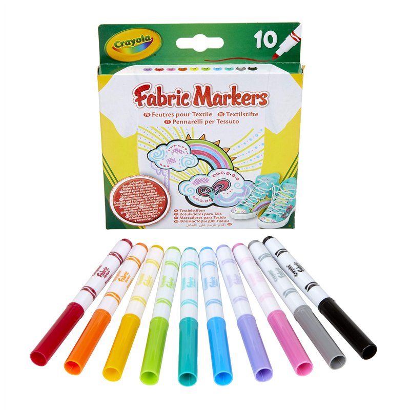 Crayola - Marqueurs pour tissu, 10 pièces, rouge, rose, orange, jaune, violet, vert clair, bleu, bleu clair, gris, noir, Pour dé