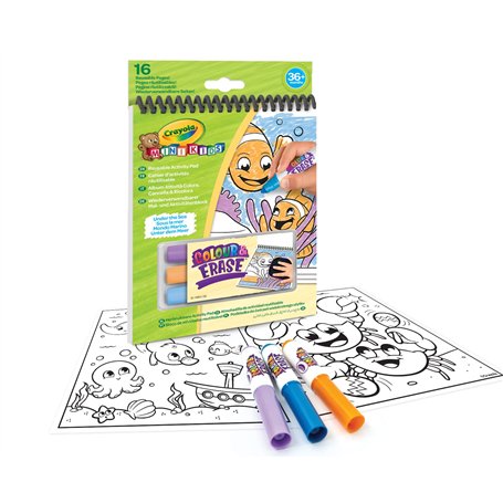 CRAYOLA- Mini Kids-Album d'Activité Colora Efface & Recolore avec 16 Pages Réutilisables et 3 Marqueurs effaçables