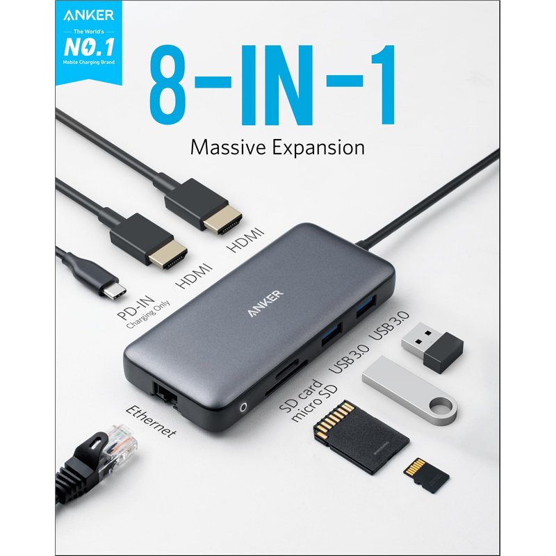 Image secondaire de Anker PowerExpand Hub USB C 8 en 1, avec Double HDMI 4K, Alimentation 100 W, Ethernet 1 Gbit/s, 2 Ports de données USB 3.0, Lect