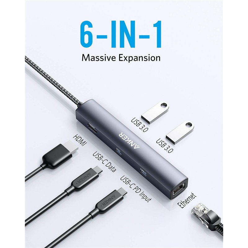 Image secondaire de Anker PowerExpand Hub Adaptateur 6 en 1, Power Delivery 65W, HDMI 4K, Ethernet 1Gbps, USB-C, 2 Ports de données USB 3.0, Compati
