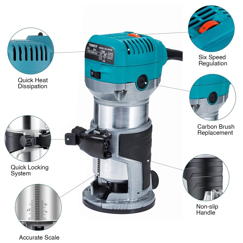 Image secondaire de Affleureuse Défonceuse Trimmer Router Fraiseuse Électrique Outil à Bois 710W Pince 8mm 6.35mm + Coffret de 15 Fraises à défoncer