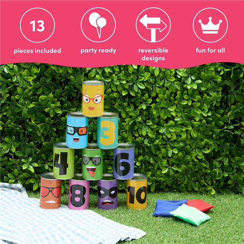 Image secondaire de THE TWIDDLERS 13 Pièces Jeu de Fête Chamboule Tout avec Coffret Cadeau pour Enfants & Adultes - 10 Boîtes Conserve Métal & 3 Sac