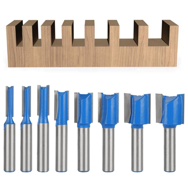 BIGP Lot de 8 fraises droites à tige de 8 mm - Double cannelure - Pour outils de menuiserie - 5 mm, 6 mm, 8 mm, 10 mm, 12 mm, 14