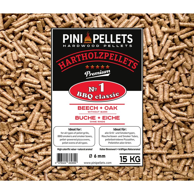 PINI Pellets de Bois Dur №1 BBQ Classic 15 Kg Grill Pellets pour Griller, Faire Fumer, également pour Les Fours à Pizza à granul