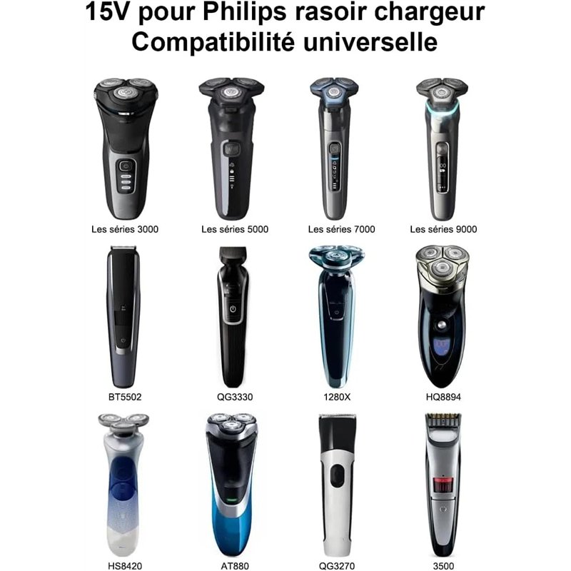 Image secondaire de 15V Chargeur Tondeuse/Rasoir pour Philips Norelco HQ8505 Serie 3000 5000 7000 9000, QP6520 QP6510 QP6620 MG5750 MG7790, Adaptate