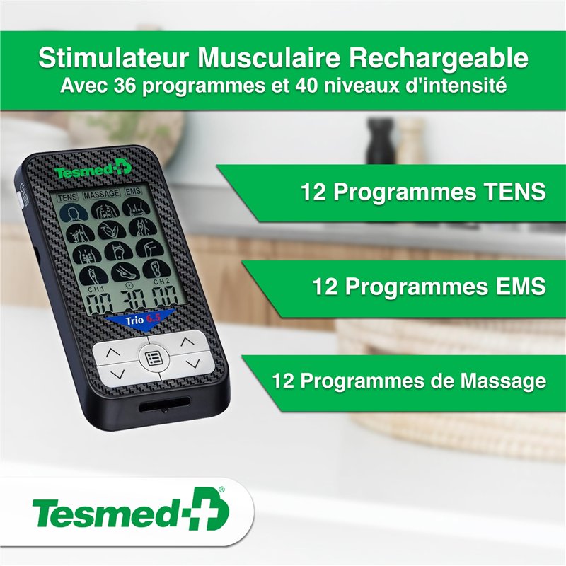 Image secondaire de TESMED Trio 6.5: Électrostimulateur Musculaire Rechargeable par USB - 36 Programmes, 40 Niveaux d'Intensité, 4 Électrodes - EMS,