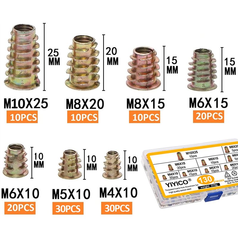 Image secondaire de YIYICO Insert Fileté Bois Inserts Filetés Écrous à Visser Douille M4 M5 M6 M8 M10 Manchons à Visser Alliage de Zinc 130pcs pour