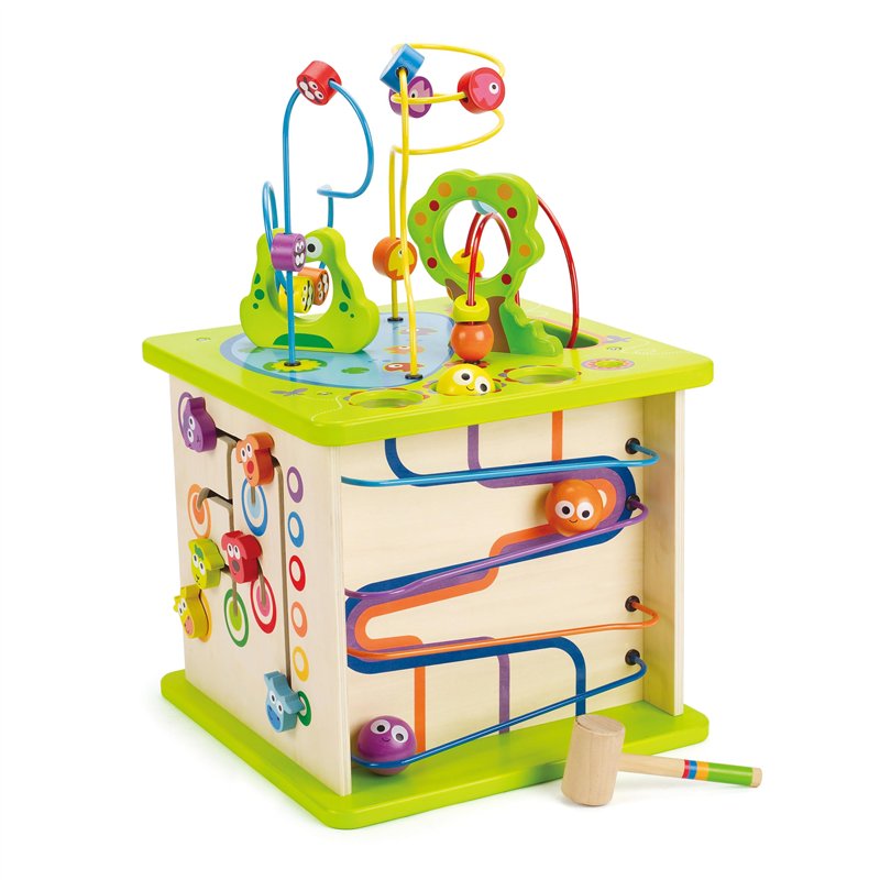 Hape Cube d'Activité Bébé en Bois - Centre d'Activité Bébé 1 an - 5 Faces d'Activités - Animaux, Formes, Labyrinthe, Balles en B
