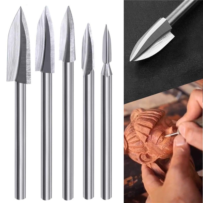 Mèches de Gravure sur Bois, 5 Pcs Ensemble d'Outils de Sculpture pour Accessoires d'Outils Rotatifs avec une Tige de 1/8 pouce A