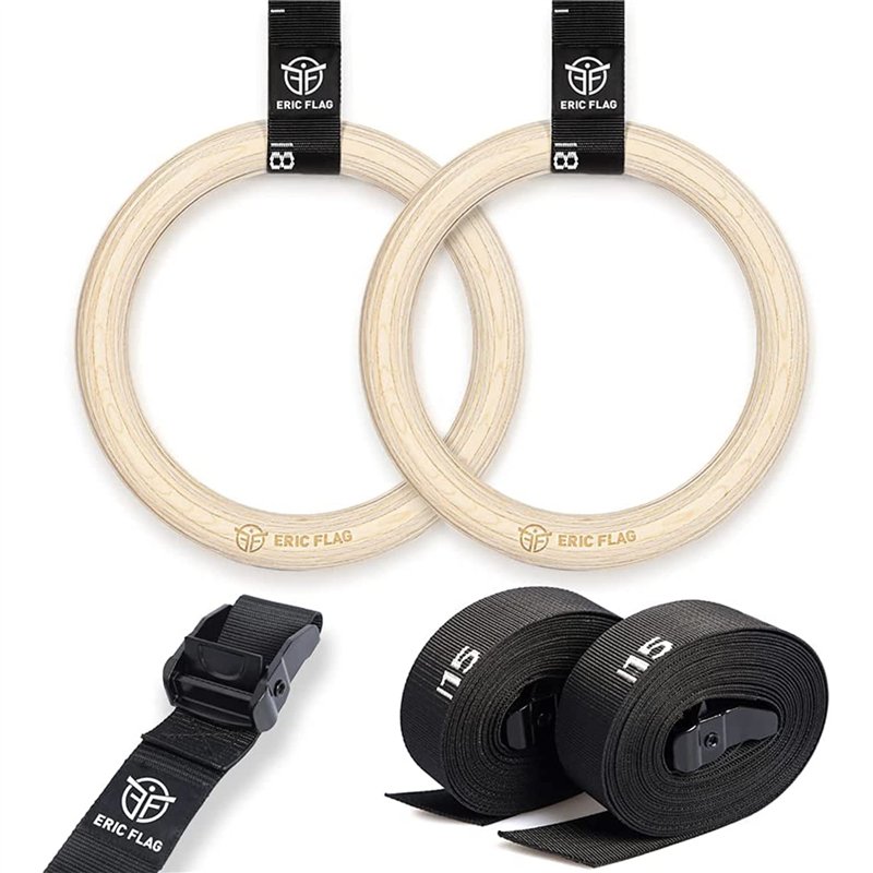 Eric Flag Anneaux Gymnastique en Bois - Diamètre 28 mm - Anneaux Gym avec Sangles Suspension Graduées, Facilement Réglables pour
