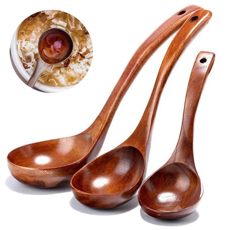 Lot de 3 Louches à Soupe en Bois Naturel - Cuillère Japonaise à Long Manche - Ustensile de Cuisine