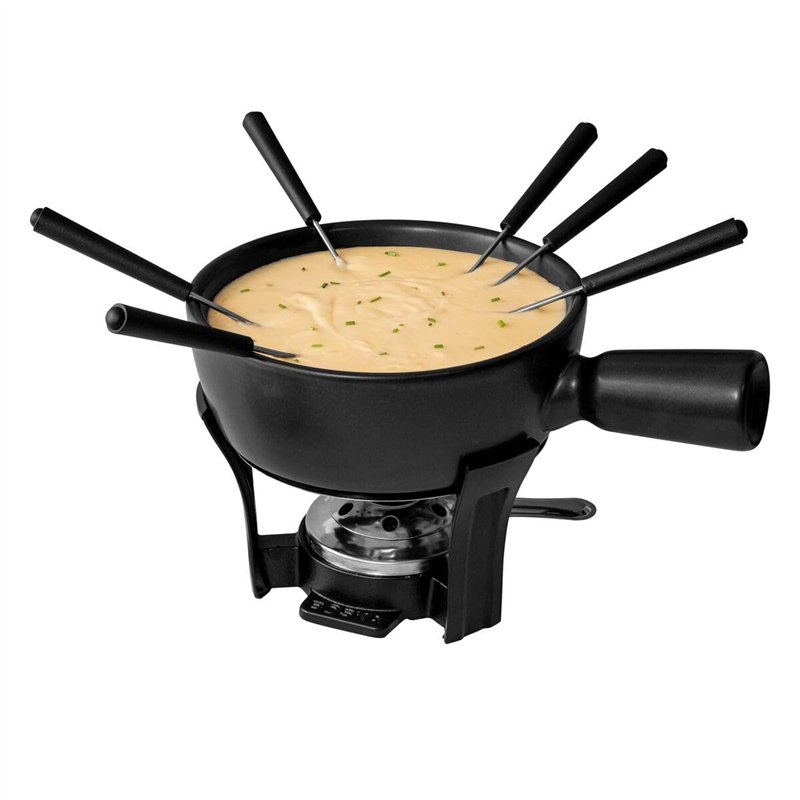 Boska Set à Fondue Nero/Caquelon de fondue avec 6 fourchettes/Support en fonte/Caquelon lavable au lave-vaisselle/Noir / 1 L