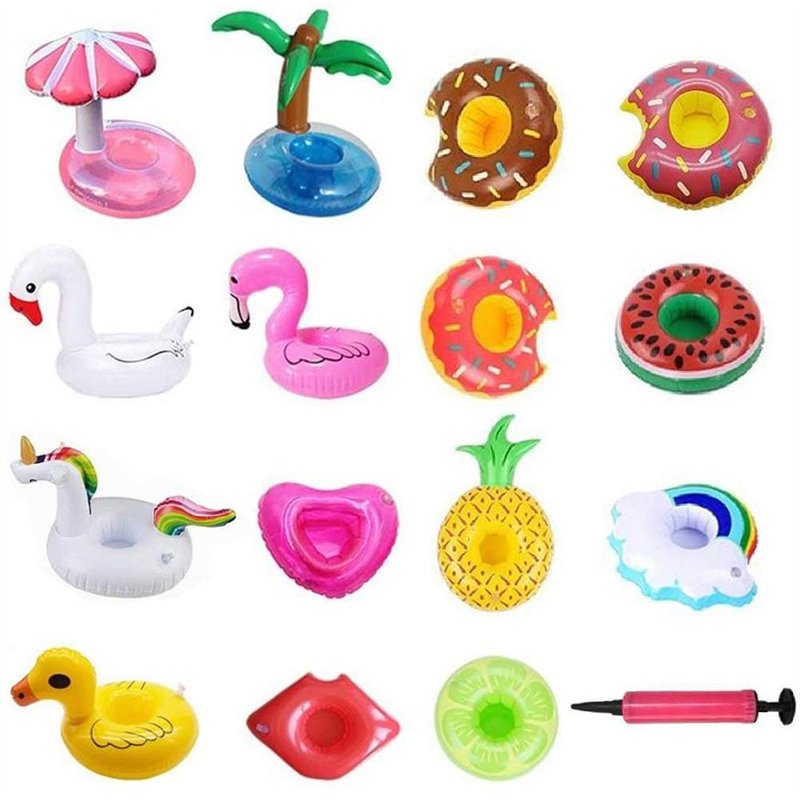 Amaza 15 Pièces Mignonne & Grande Flottabilité Kit de Porte Gobelet Gonflable Prime avec Pompe à Air Libre pour Piscine Jacuzzi 