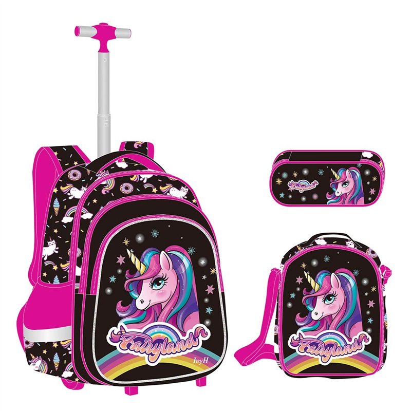 IvyH Cartable Fille Sac à Dos à roulettes, Sac d'école Primaire Licorne Sacs à Dos Chariot avec Sac Repas Bandoulière Trousse En