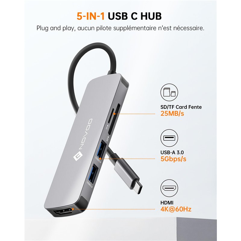 Image secondaire de NOVOO Hub USB-C vers HDMI 4K, Lecteur de Carte SD & Micro SD, 2 x USB 3.0, Adaptateur en Aluminium pour MacBook Pro, New MacBook