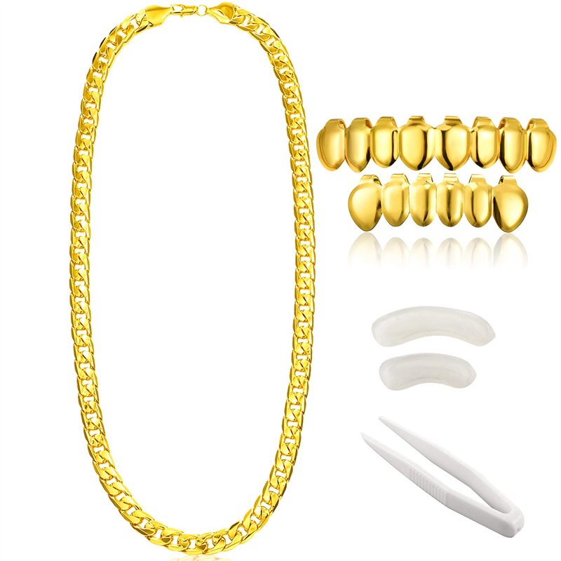 Image secondaire de Gejoy Costume de Rappeur Hip Hop, Collier de Chaîne Faux d’Or Collier Chunky avec Plaqué Or pour Bouche Haut Bas Grilles de Dent