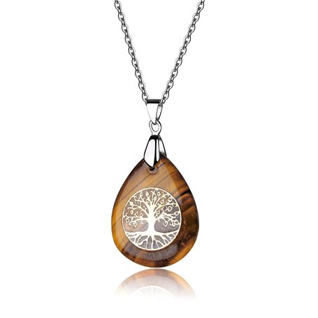 Thajaling Collier en pierre d'oeil de tigre pendentif en cristal avec pendentif arbre de vie en chaîne en acier inoxydable