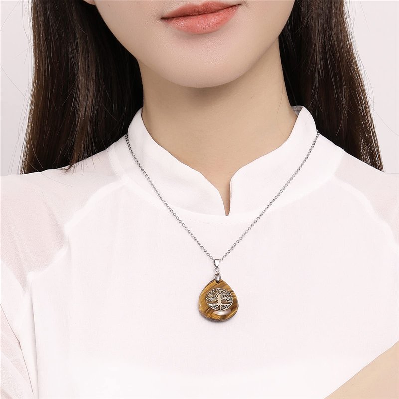 Image secondaire de Thajaling Collier en pierre d'oeil de tigre pendentif en cristal avec pendentif arbre de vie en chaîne en acier inoxydable