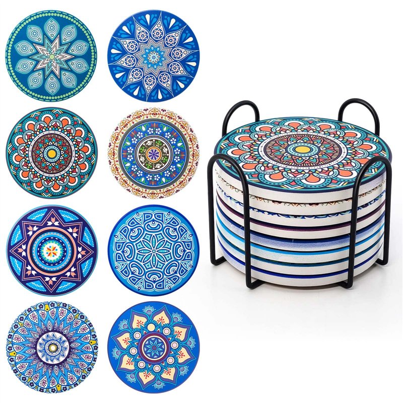Dessous de Verre Absorbants en Liège et Céramique avec Support en Métal Motif Mandala de 10cm (8pcs) pour Tasses, Bougies Cadeau