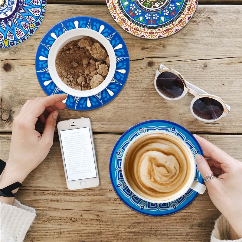 Image secondaire de Dessous de Verre Absorbants en Liège et Céramique avec Support en Métal Motif Mandala de 10cm (8pcs) pour Tasses, Bougies Cadeau