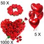 Bougies Romantiques et Pétales. 50 Bougies en Forme de Coeur + 1000 Pétales de Rose Rouges en Soie, 5 Ballons Coeur Rouges - Déc