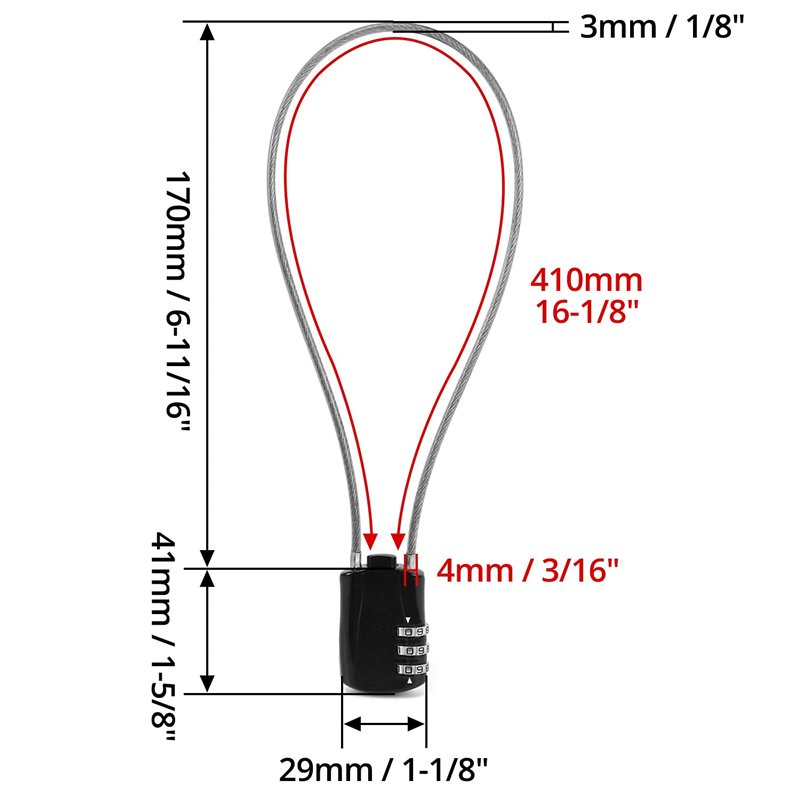 Image secondaire de QWORK® Cadenas à Câble Rétractable, Cadenas à Combinaison Numérique avec 41 cm Câble pour Moto Vélo Snowboard Skis Valises, Noir
