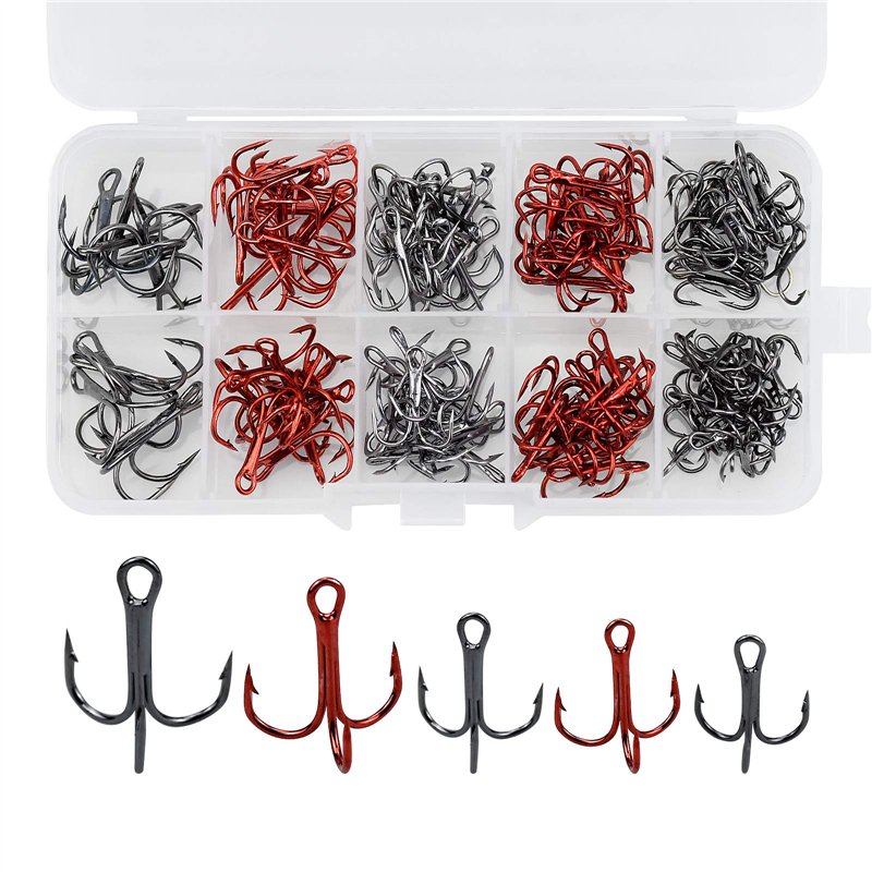 130 Pcs Triple Hameçon Pêche Trident Peche Triples Hameçons Barbelés Acier à Haute teneur en Carbone Taille 4# 6# 8# 10#
