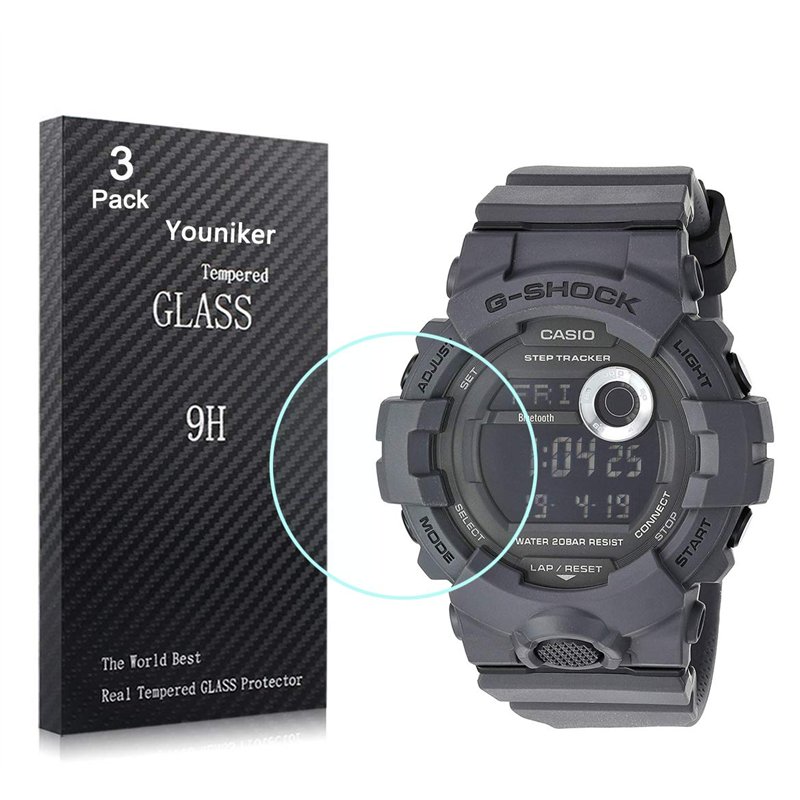 Youniker Lot de 3 films protecteurs d'écran en verre trempé pour montre Casio GBD800 G Shock GBA800 - Anti-rayures