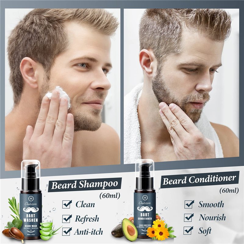 Image secondaire de Kit Soins Barbe Homm, Oukzon 10 en 1 Coffret Cadeau Pousse Barbe Complet Professionnel avec Shampoing barbe, Conditionneur, Huil