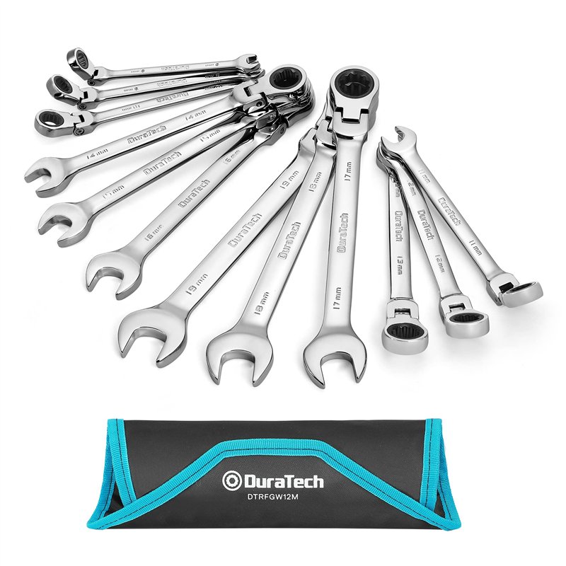 DURATECH Jeu de Clés à Cliquet Articulées, Mixtes à Cliquet Tete Flexible, Lot de Clé Plate à Cliquet 12 pièces 8-19mm, en Acier