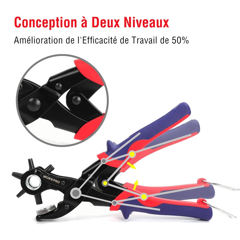 Image secondaire de WORKPRO Pince Perforatrice avec 6 Tailles de Poinçon Interchangeables pour Tissu, Ceinture en Cuir, Sac, Plastique, Papier