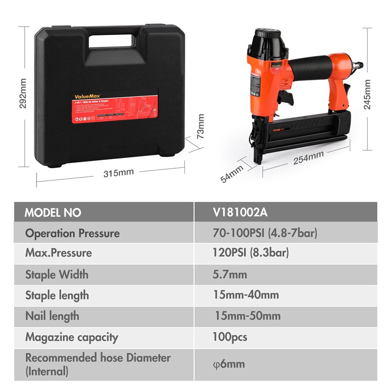 Image secondaire de ValueMax Agrafeuse Pneumatique Multifonctionnelle 2 en 1 avec Boîte de Rangement Cloueuse 18GA avec 200 Agrafes et 200 Clous, Id