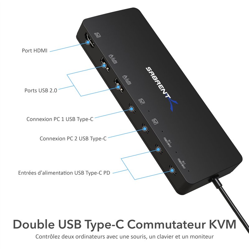 Image secondaire de SABRENT Commutateur KVM Entrées USB C 2 ports, sorties USB-C 2 ports avec 60W PD Chargeur | 2 ports USB | HDMI 4K@60Hz pour desk
