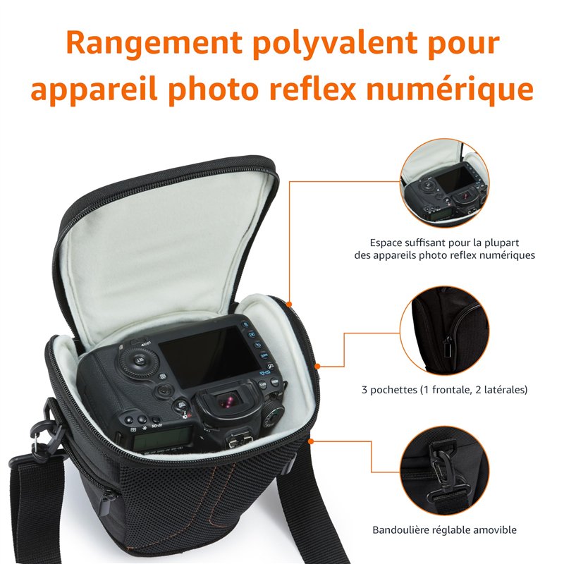 Image secondaire de Amazon Basics Sac Bandoulière Style Housse pour Corps d'Appareil Photo Reflex Numérique et Objectif, Sangle Détachable, Imperméa