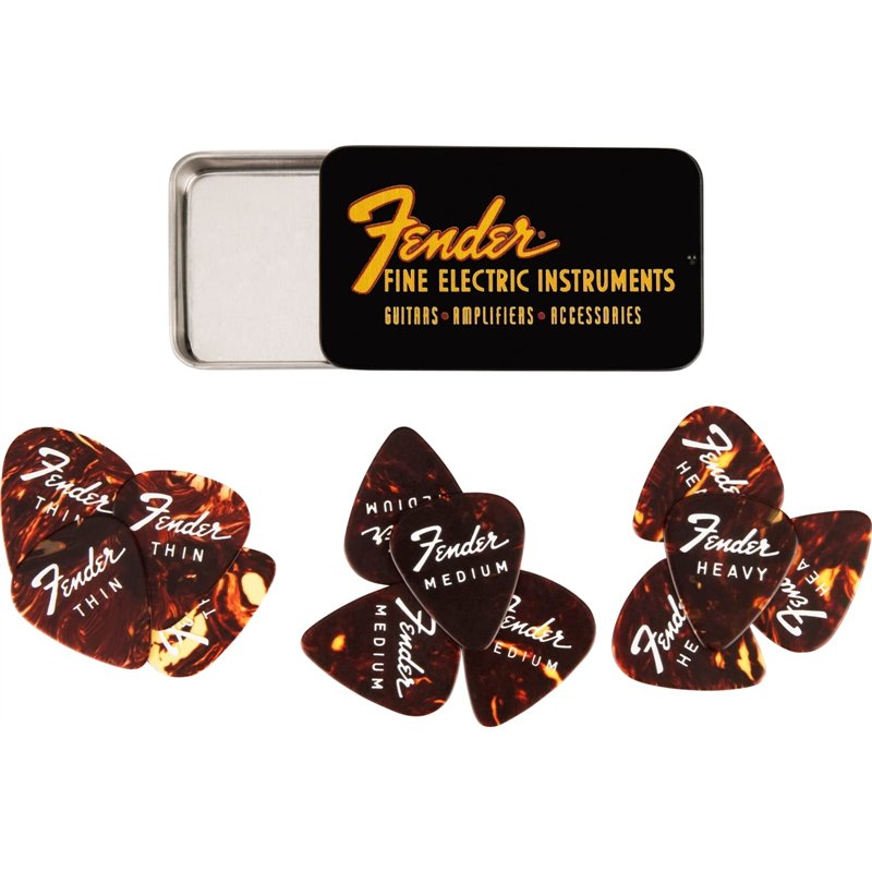 Fender »FINE ELECTRIC PICK TIN« Médiators dans boîte de collection - 12 Pièces - Celluloid - Forme 351-3 Épaisseurs - Couleur To