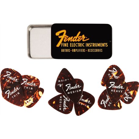 Fender »FINE ELECTRIC PICK TIN« Médiators dans boîte de collection - 12 Pièces - Celluloid - Forme 351-3 Épaisseurs - Couleur To