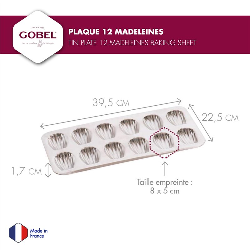 Image secondaire de GOBEL - Plaque de 12 madeleines - Fer blanc - Dimensions : 39,5 x 20 x 1,7 cm - Empreinte : 8 cm – Fabriquée en France
