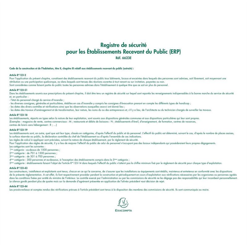 Image secondaire de Exacompta - Réf. 6623E - 1 Registre de sécurité pour les Etablissements Recevant du public (ERP)