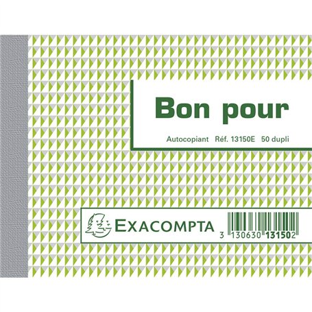 Exacompta - Réf. 13150E - 1 Manifold BON POUR - 50 feuillets numérotés et autocopiants - duplicatas (1 original + 1 copie) - for